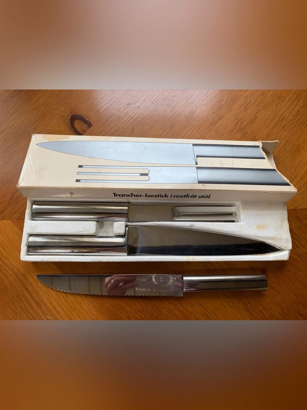 BodaNova 3-piece set: meat knife and fork, and a serrated utility knife.vintage